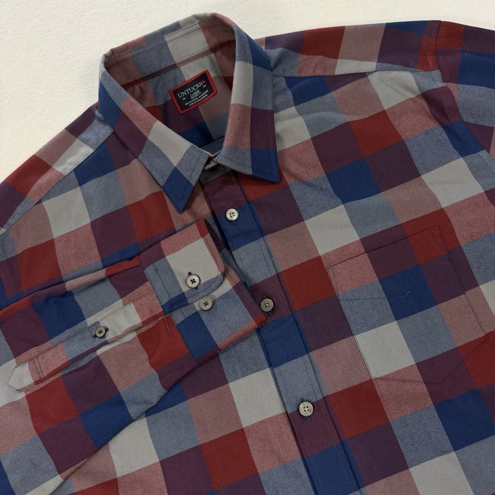 UNTUCKit Mens Large Navy Plaid Relaxed Fit Piemonte Long Sleeve Button Up Shirt